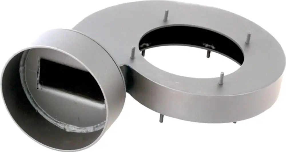 Graues Saugzuggehäuse für Ventilator, mit zwei Öffnungen, einer runden und einer rechteckigen, montiert für eine Wolf-Anlage.